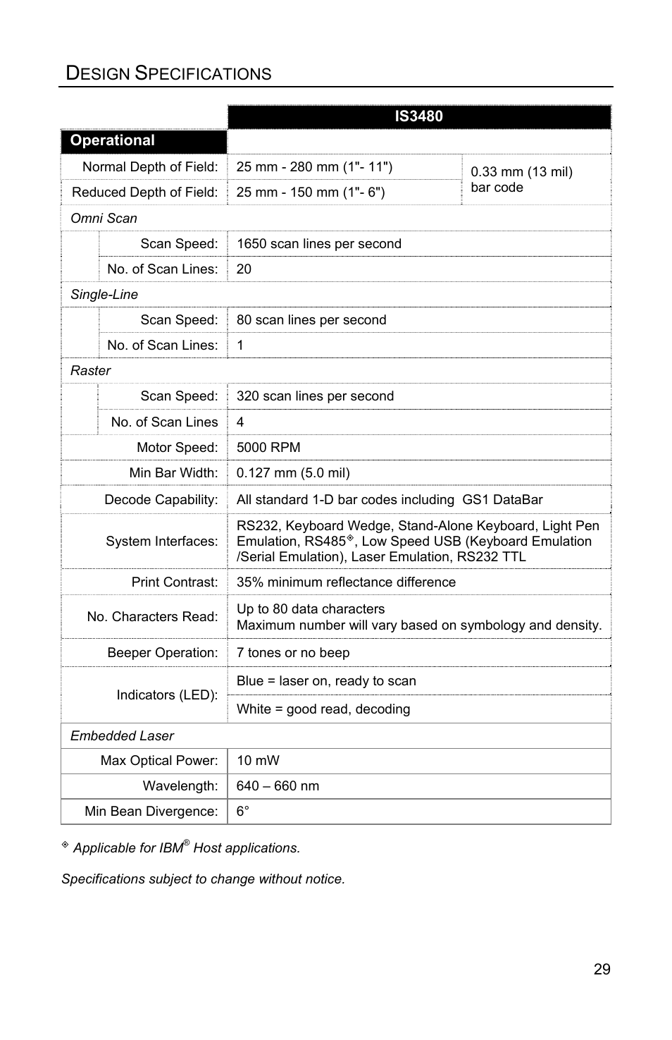 Design specifications | Honeywell QUANTUME IS3480 User Manual | Page 33 / 60