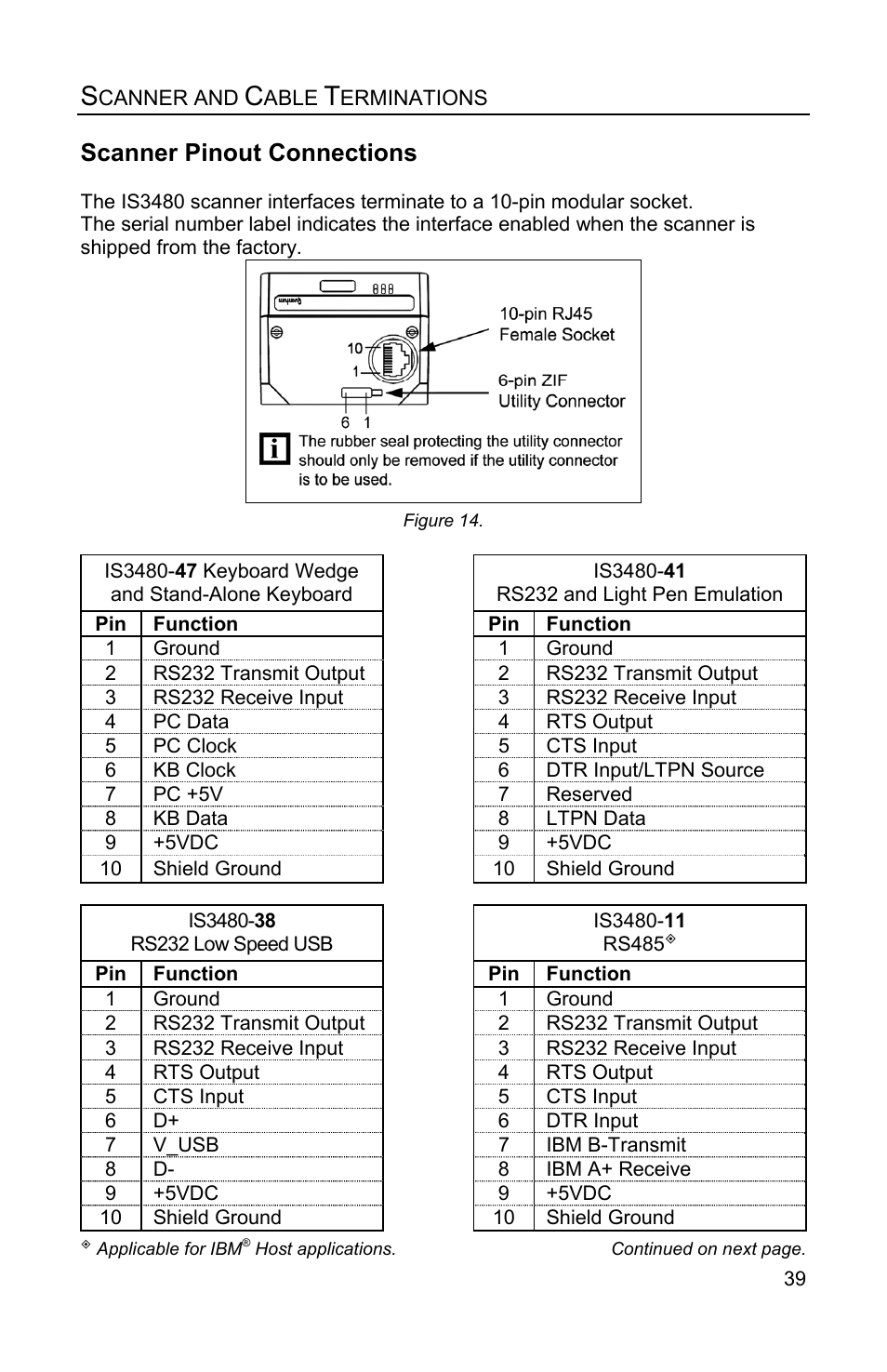 Scanner and cable terminations, Scanner pinout connections | Honeywell QUANTUME IS3480 User Manual | Page 43 / 60