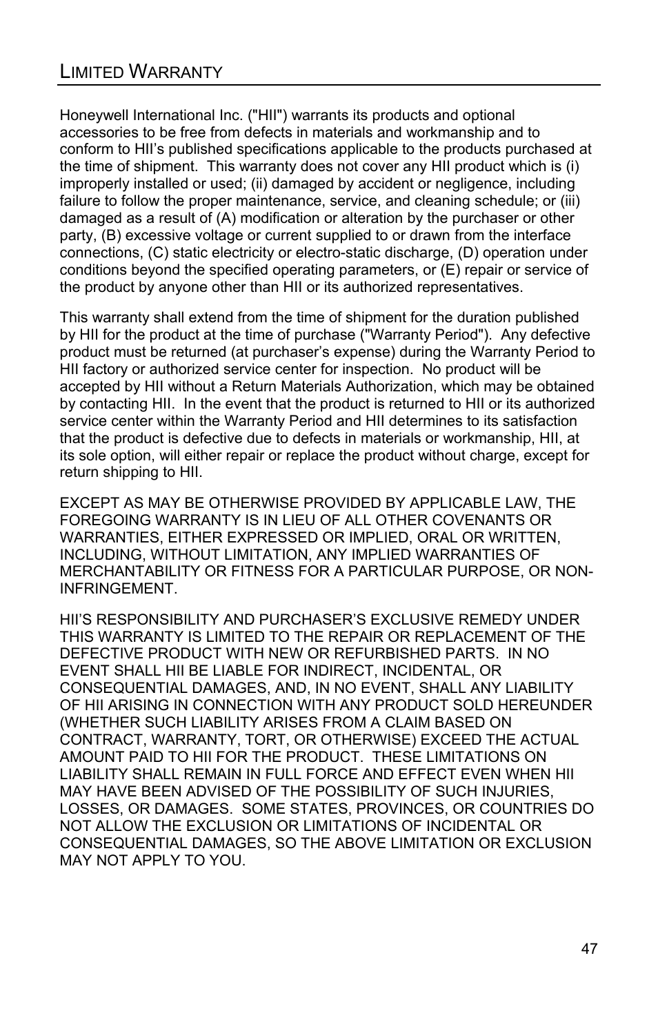 Limited warranty | Honeywell QUANTUME IS3480 User Manual | Page 51 / 60