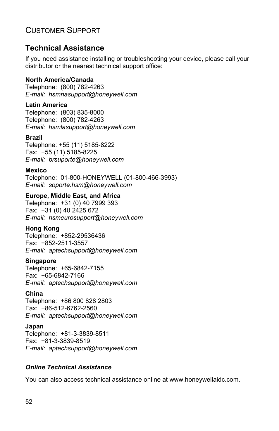 Customer support, Technical assistance | Honeywell QUANTUME IS3480 User Manual | Page 56 / 60