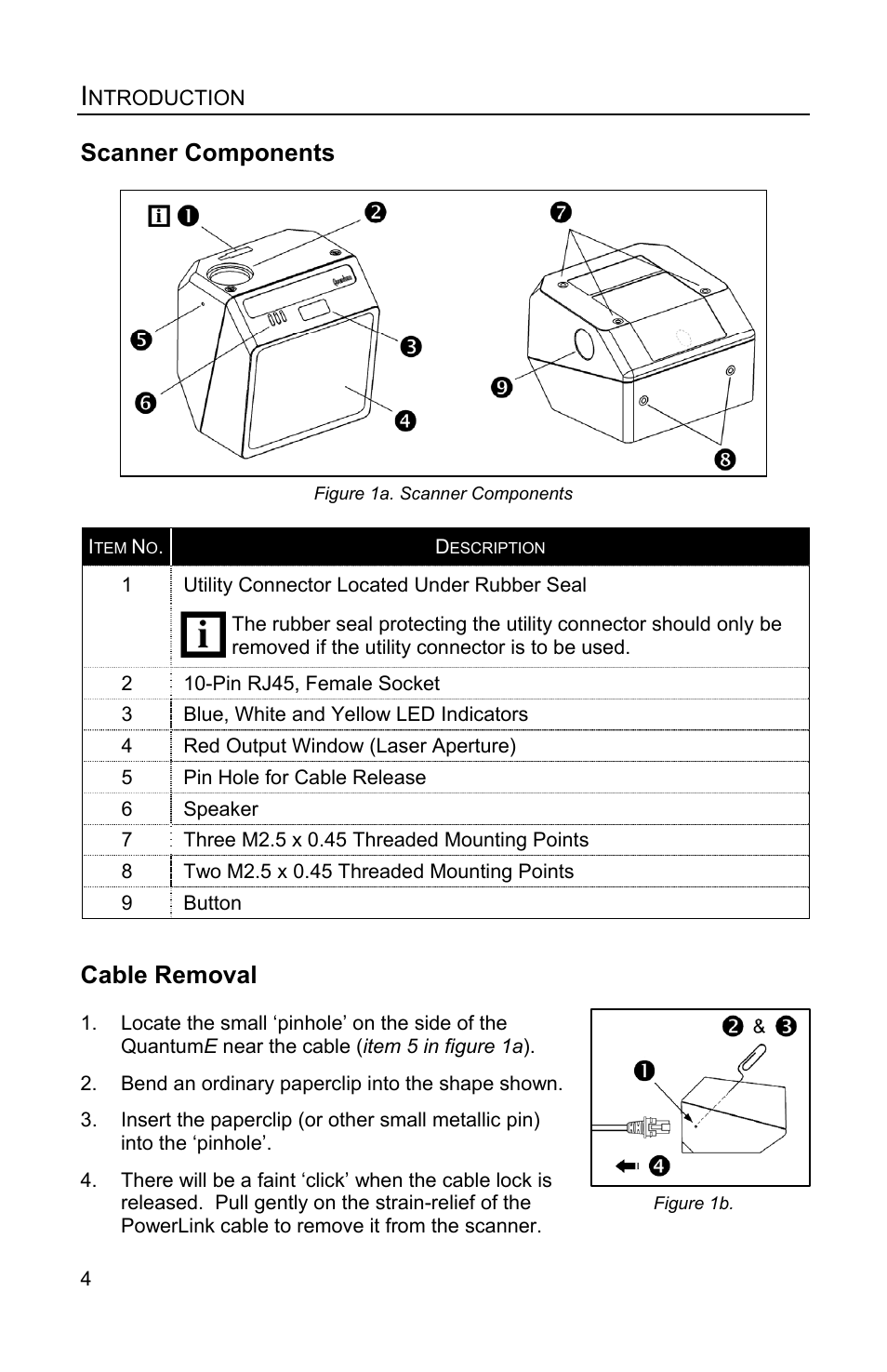 Scanner components, Cable removal | Honeywell QUANTUME IS3480 User Manual | Page 8 / 60