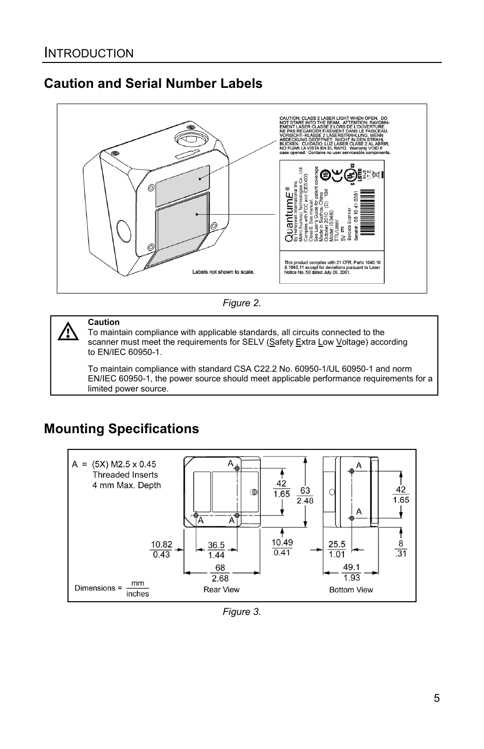 Caution and serial number labels, Mounting specifications | Honeywell QUANTUME IS3480 User Manual | Page 9 / 60
