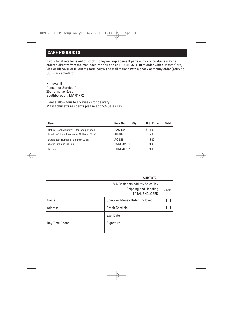 Care products | Honeywell HCM-2051 User Manual | Page 10 / 12
