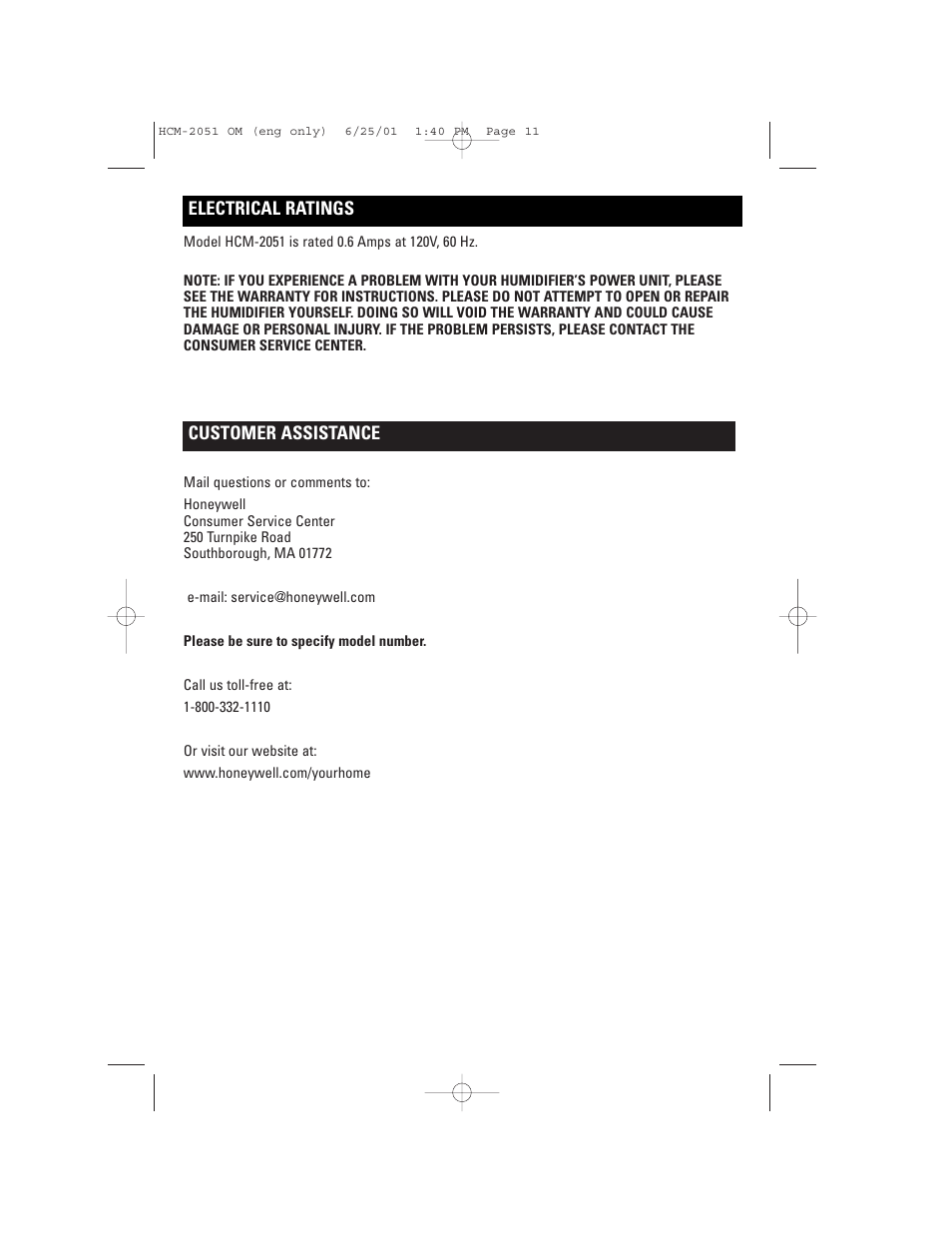 Customer assistance electrical ratings | Honeywell HCM-2051 User Manual | Page 11 / 12