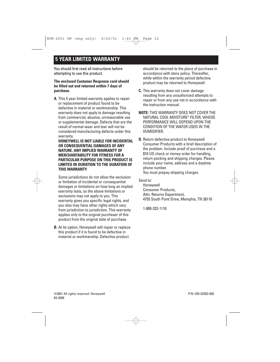 5 year limited warranty | Honeywell HCM-2051 User Manual | Page 12 / 12