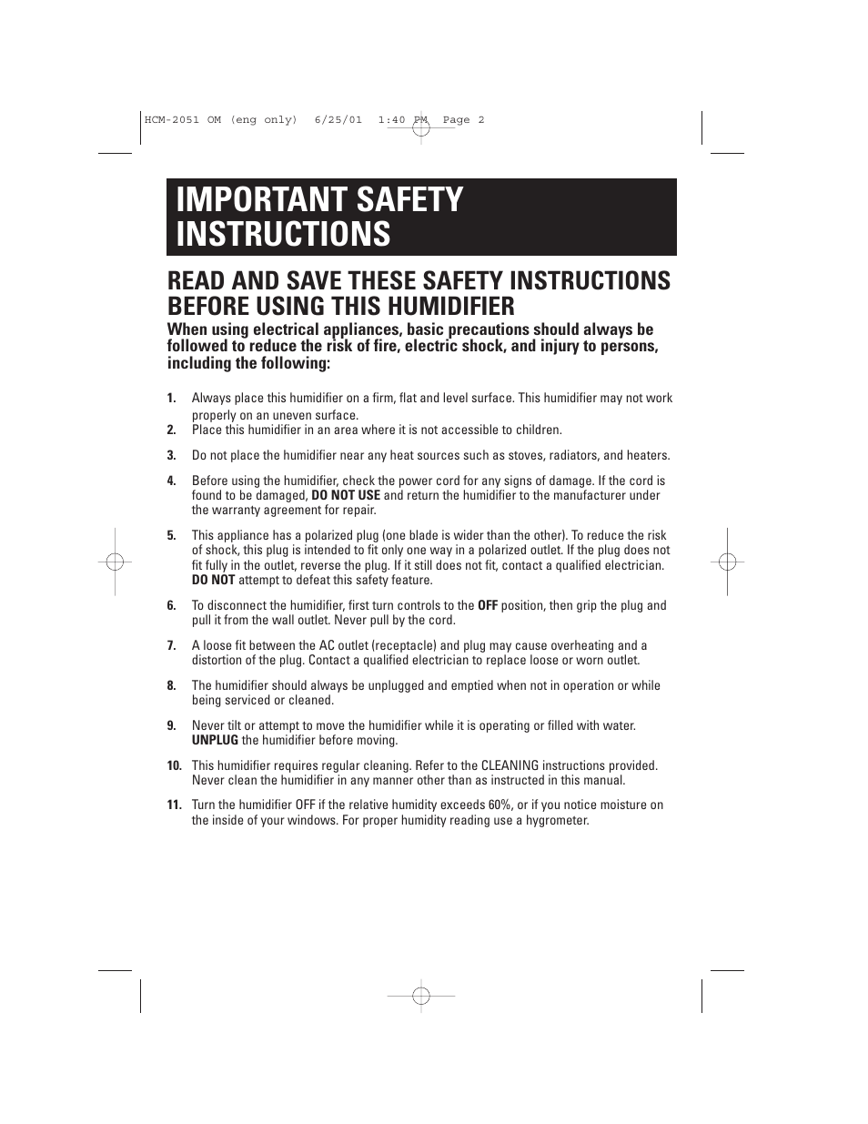 Important safety instructions | Honeywell HCM-2051 User Manual | Page 2 / 12