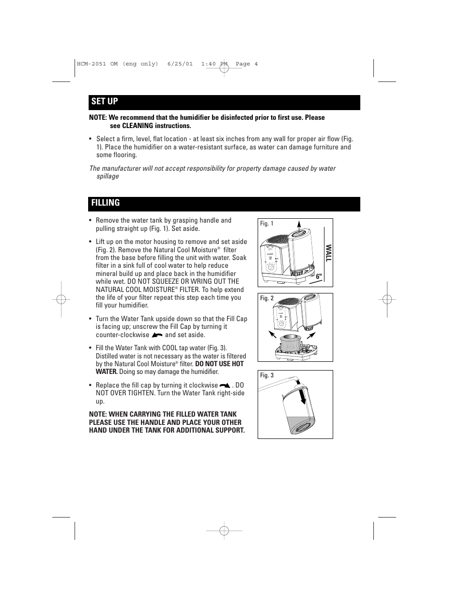 Set up filling | Honeywell HCM-2051 User Manual | Page 4 / 12