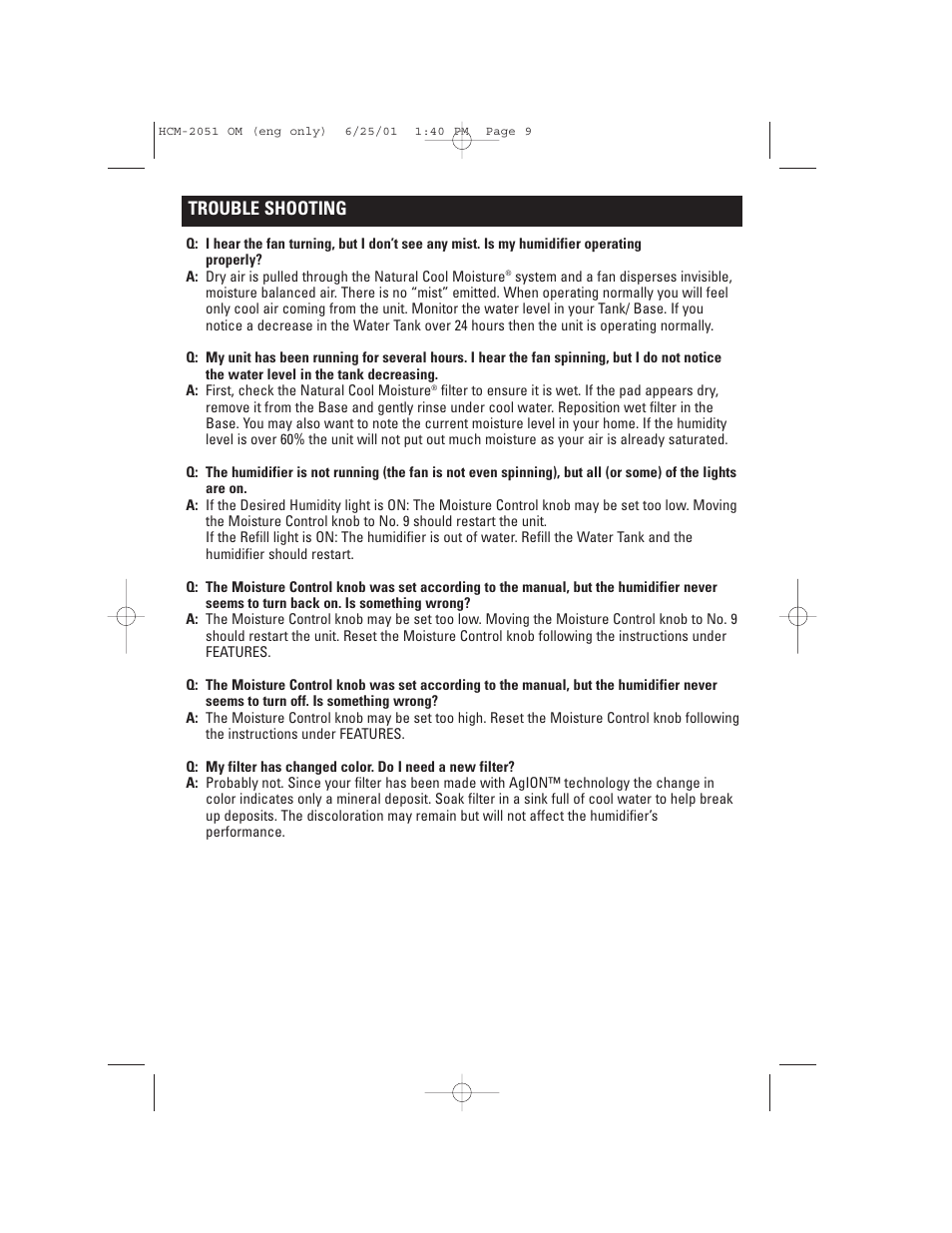 Trouble shooting | Honeywell HCM-2051 User Manual | Page 9 / 12