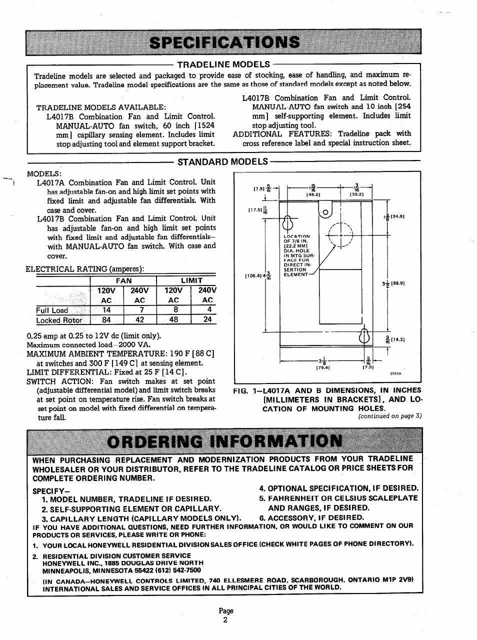 Specifications, Tradeline models, Standard models | Ordering information, Specify- 4. optional specification, if desired | Honeywell L4017 User Manual | Page 2 / 5