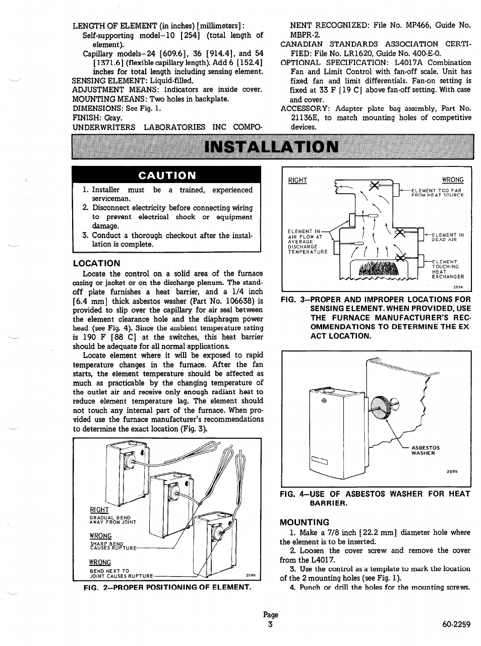 Caution, Location, Mounting | Honeywell L4017 User Manual | Page 3 / 5