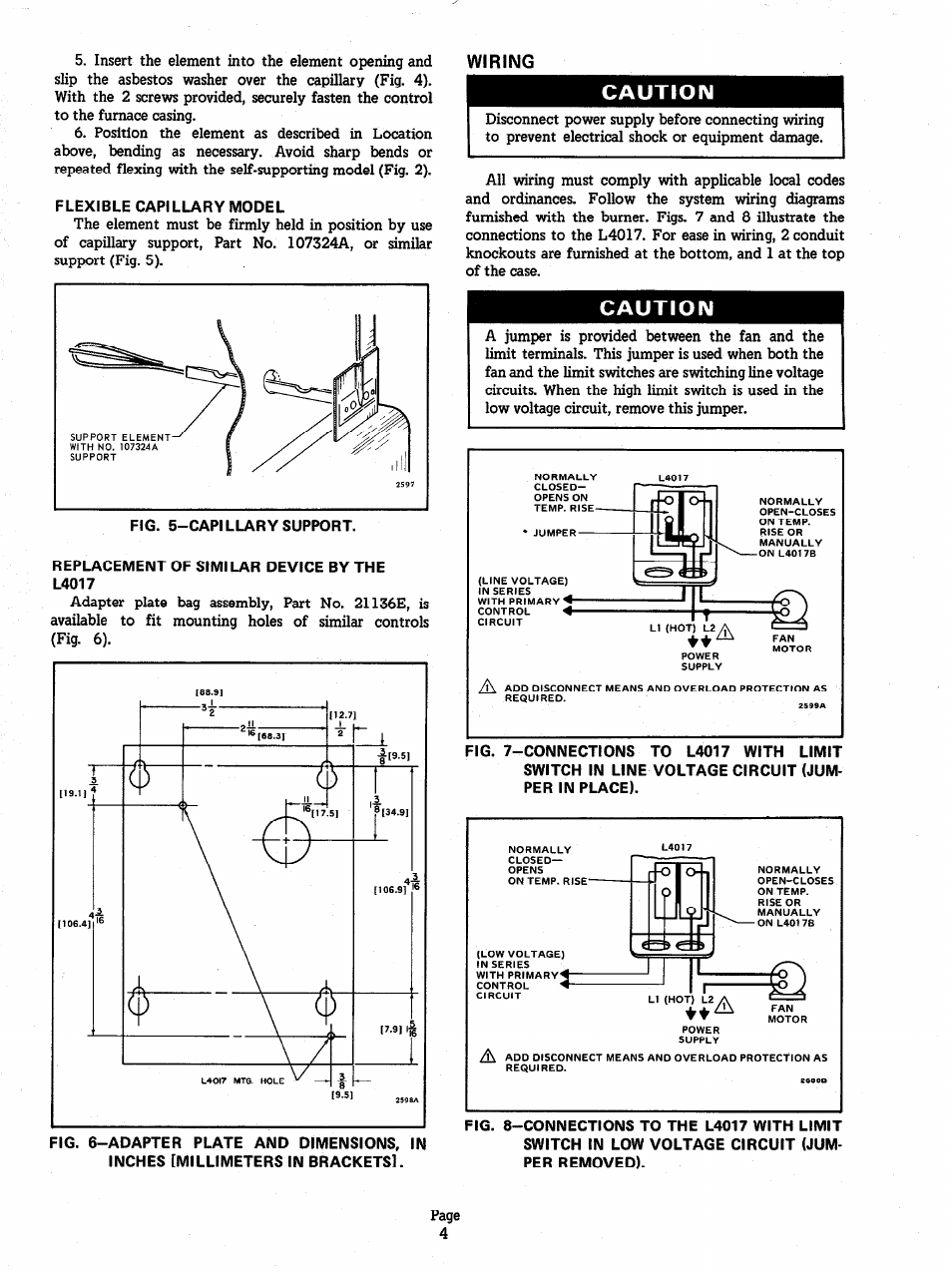 Flexible capillary model, Wiring, Replacement of similar device by the l4017 | Caution | Honeywell L4017 User Manual | Page 4 / 5
