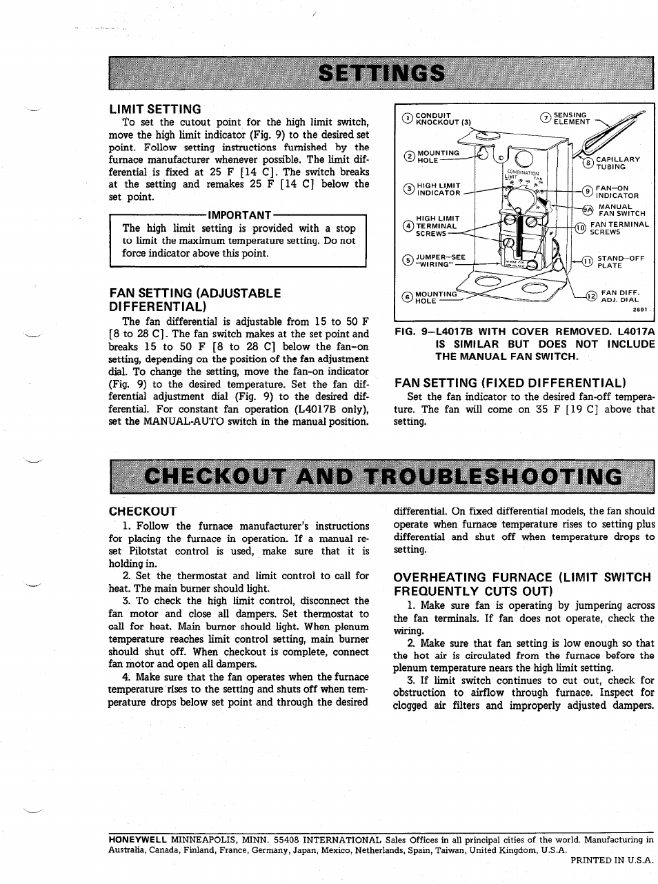 Settings, Limit setting, Important | Fan setting (adjustable differential), Fan setting (fixed differential), Checkout and troubleshooting, Checkout | Honeywell L4017 User Manual | Page 5 / 5