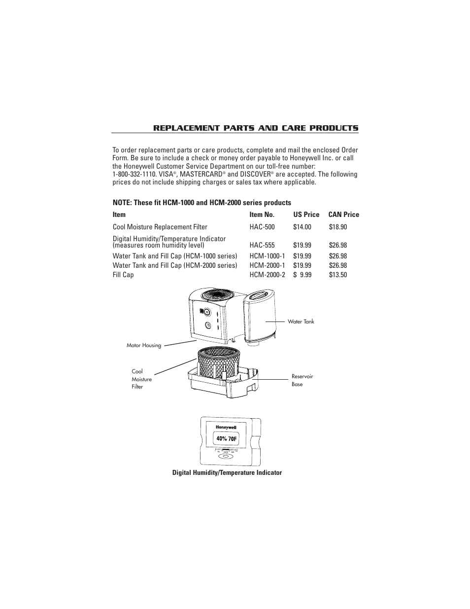 Replacement parts and care products | Honeywell HCM-2000 User Manual | Page 9 / 11
