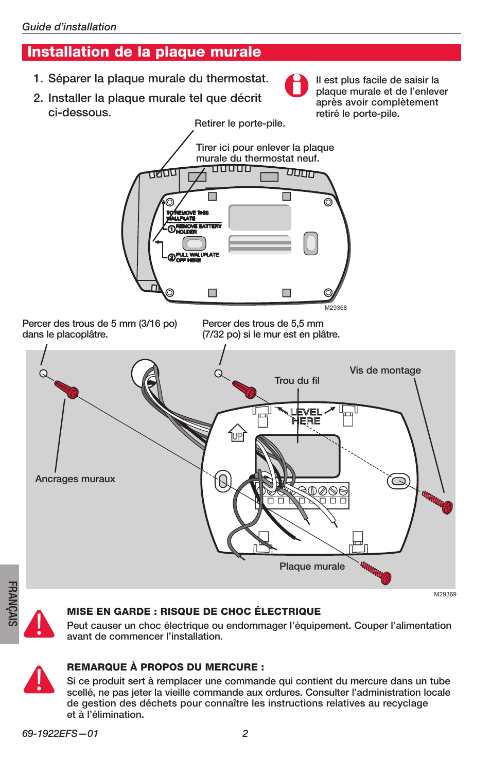 Installation de la plaque murale | Honeywell FocusPRO TH5000 Series User Manual | Page 10 / 24