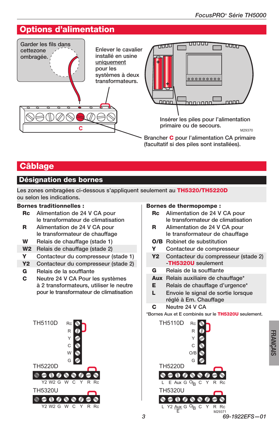 Options d’alimentation, Câblage, Désignation des bornes | Français | Honeywell FocusPRO TH5000 Series User Manual | Page 11 / 24