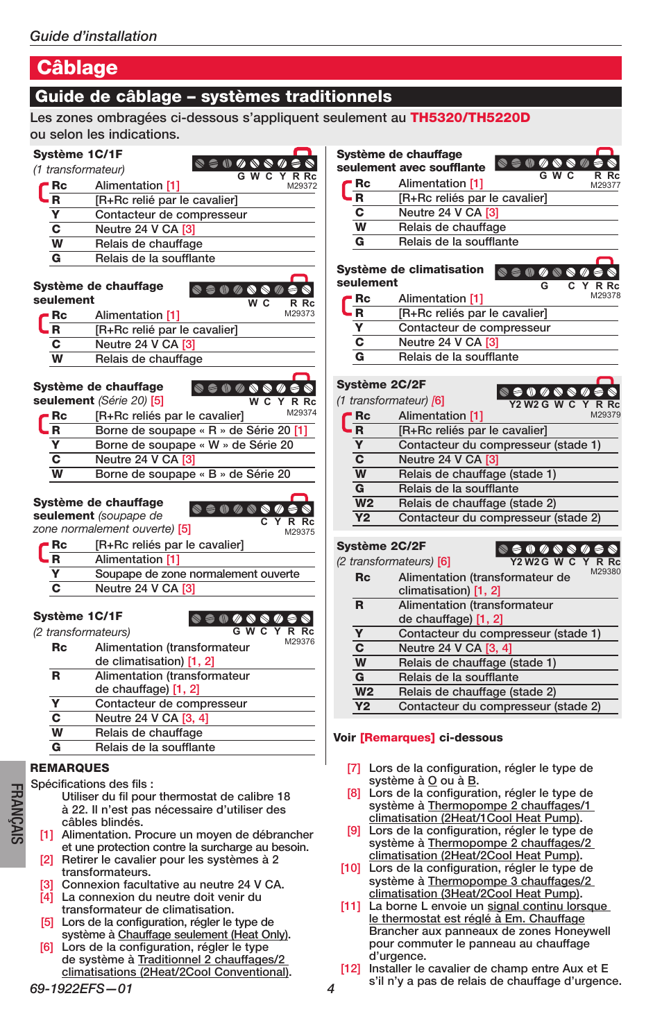 Câblage, Guide de câblage – systèmes traditionnels, Français | Guide d’installation | Honeywell FocusPRO TH5000 Series User Manual | Page 12 / 24