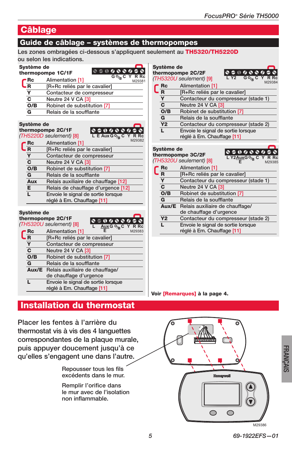 Câblage, Installation du thermostat, Guide de câblage – systèmes de thermopompes | Français, Focuspro, Série th5000 | Honeywell FocusPRO TH5000 Series User Manual | Page 13 / 24