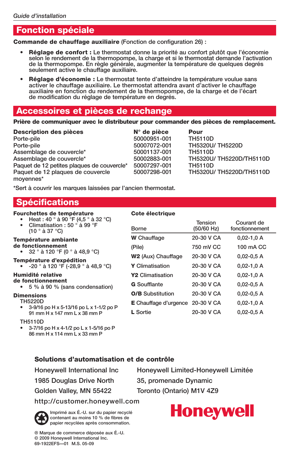 Fonction spéciale, Accessoires et pièces de rechange, Spécifications | Honeywell FocusPRO TH5000 Series User Manual | Page 16 / 24