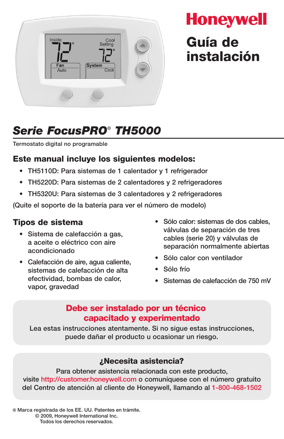 Guía de instalación, Serie focuspro, Th5000 | Honeywell FocusPRO TH5000 Series User Manual | Page 17 / 24