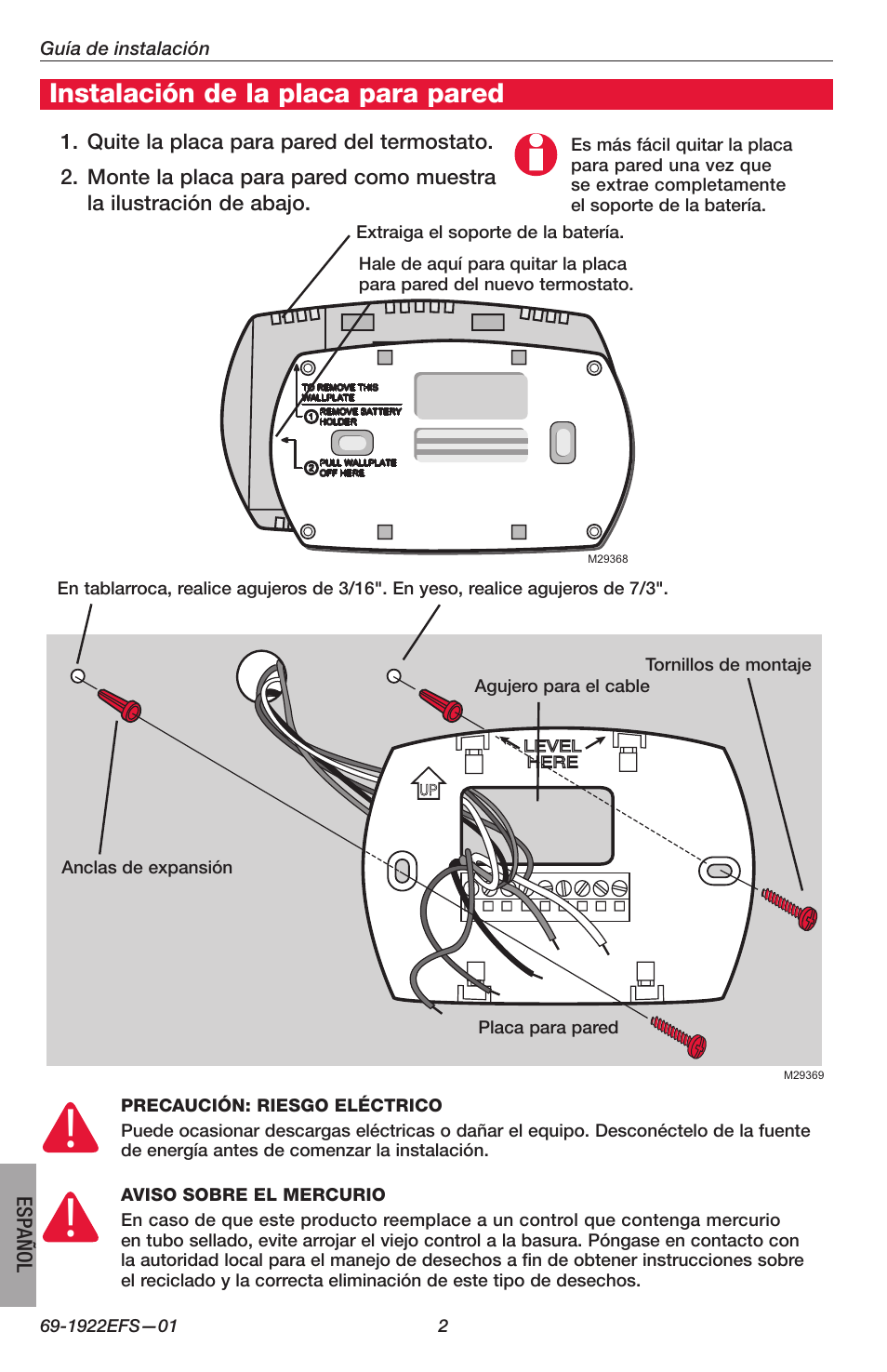 Instalación de la placa para pared | Honeywell FocusPRO TH5000 Series User Manual | Page 18 / 24