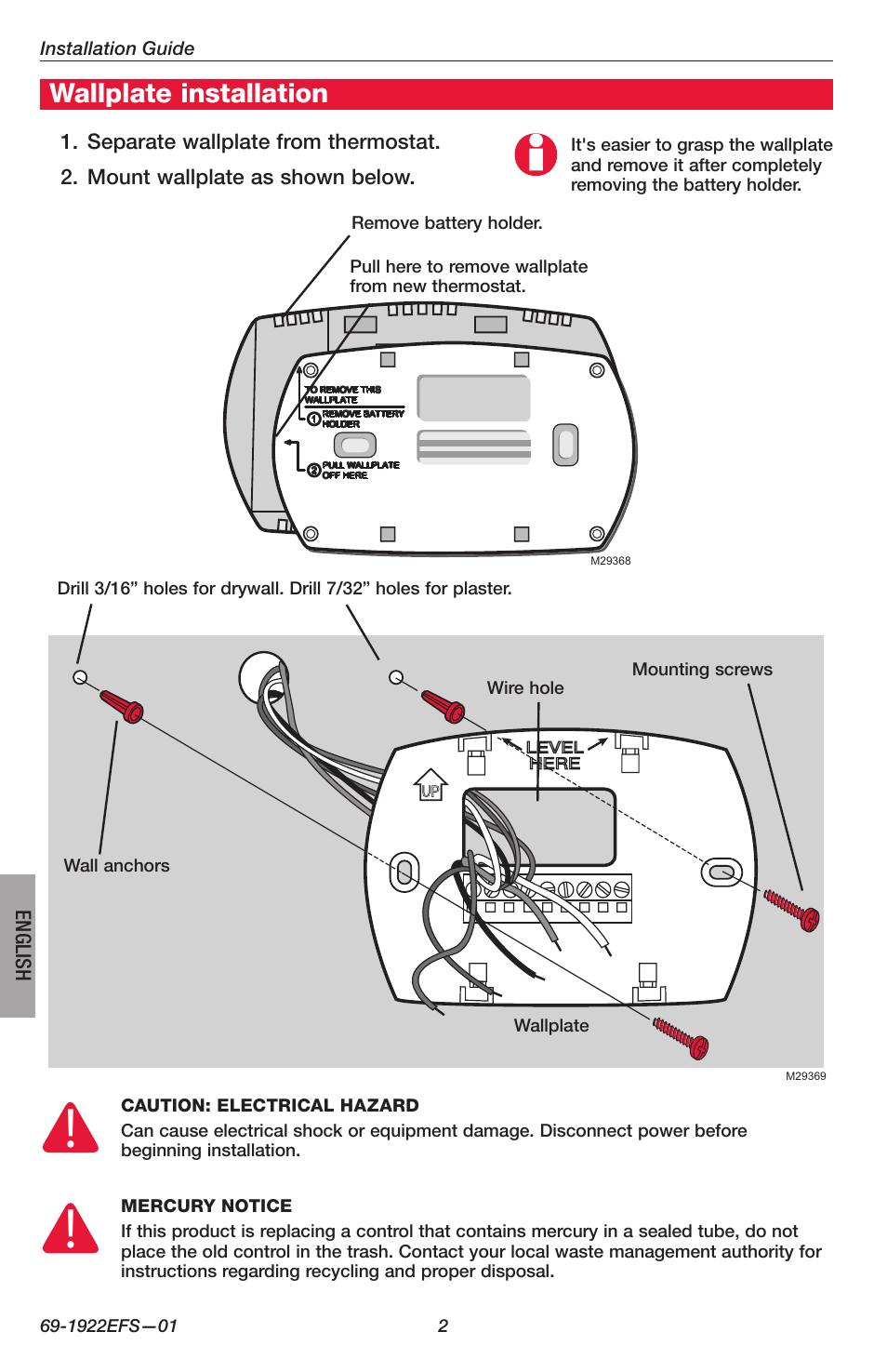 Wallplate installation | Honeywell FocusPRO TH5000 Series User Manual | Page 2 / 24