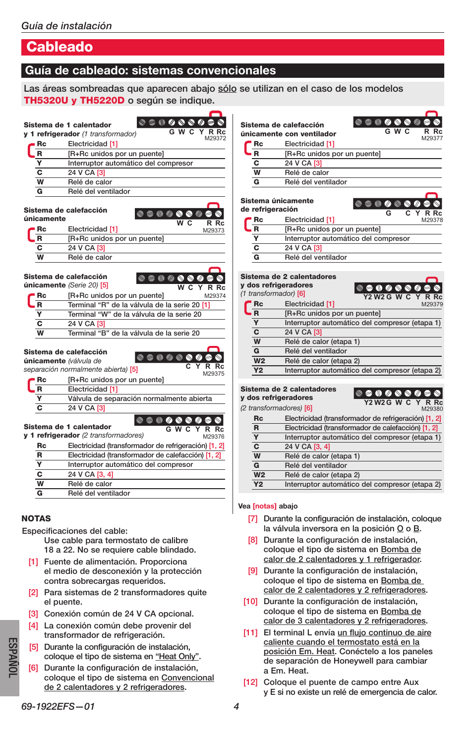 Cableado, Guía de cableado: sistemas convencionales, Español | Guía de instalación | Honeywell FocusPRO TH5000 Series User Manual | Page 20 / 24