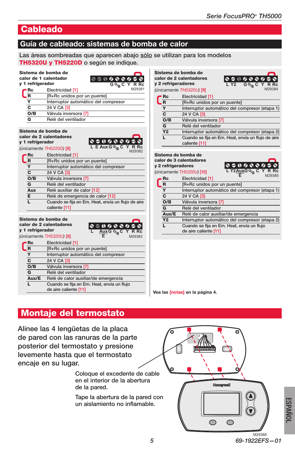 Cableado, Montaje del termostato, Guía de cableado: sistemas de bomba de calor | Español, Serie focuspro, Th5000 | Honeywell FocusPRO TH5000 Series User Manual | Page 21 / 24