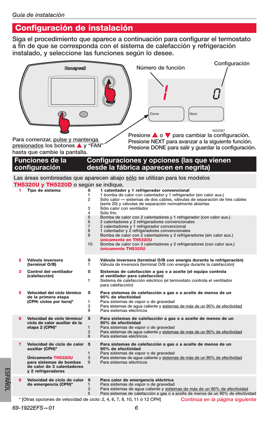 Configuración de instalación, Español, Guía de instalación | Honeywell FocusPRO TH5000 Series User Manual | Page 22 / 24