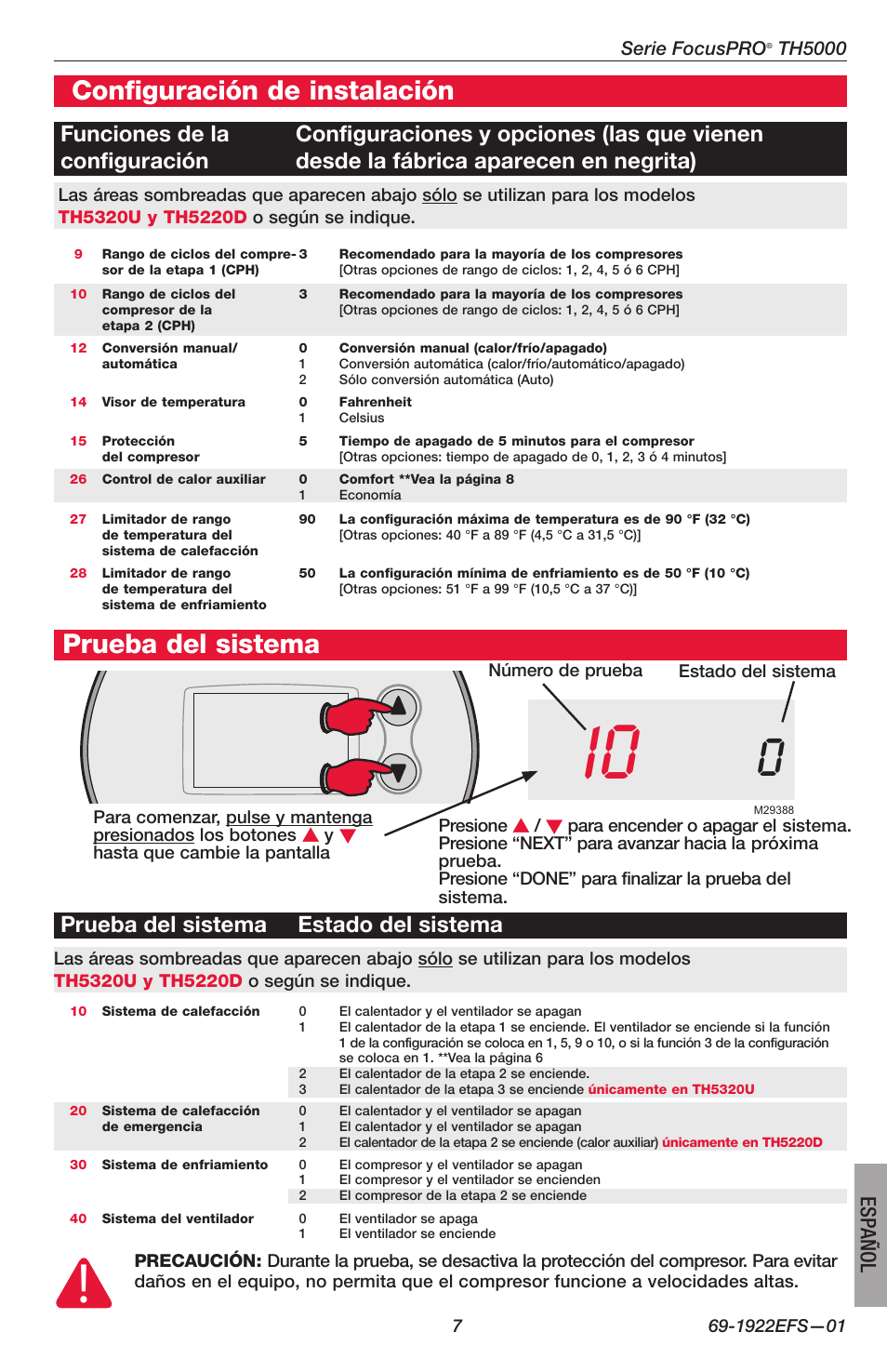 Configuración de instalación, Prueba del sistema, Prueba del sistema estado del sistema | Español | Honeywell FocusPRO TH5000 Series User Manual | Page 23 / 24
