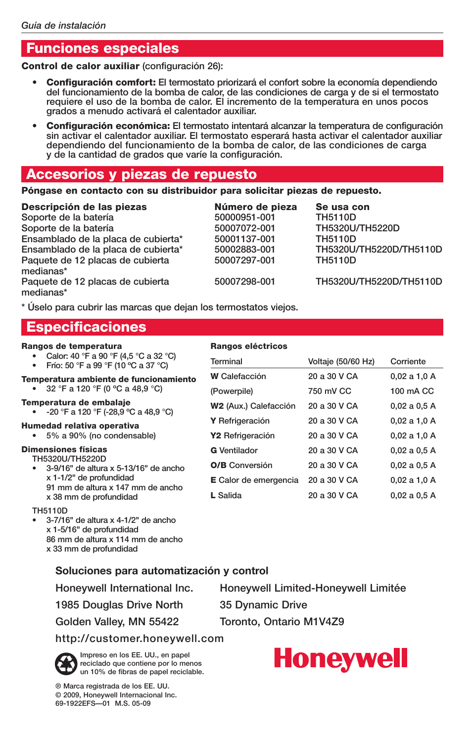 Funciones especiales, Accesorios y piezas de repuesto, Especificaciones | Honeywell FocusPRO TH5000 Series User Manual | Page 24 / 24