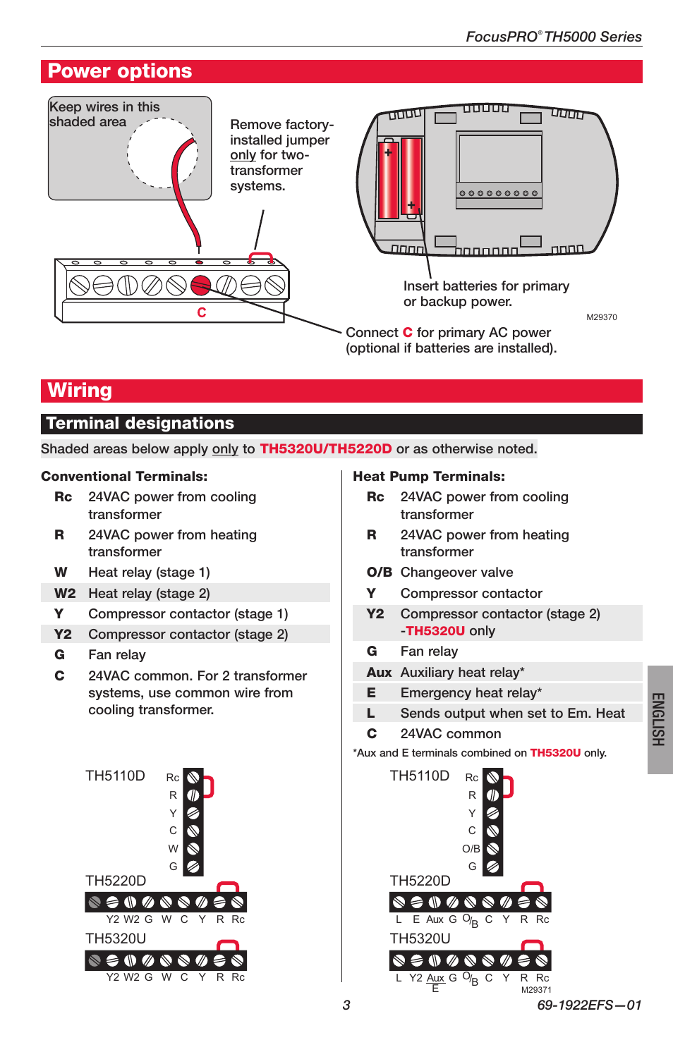 Power options, Wiring, Terminal designations | English | Honeywell FocusPRO TH5000 Series User Manual | Page 3 / 24