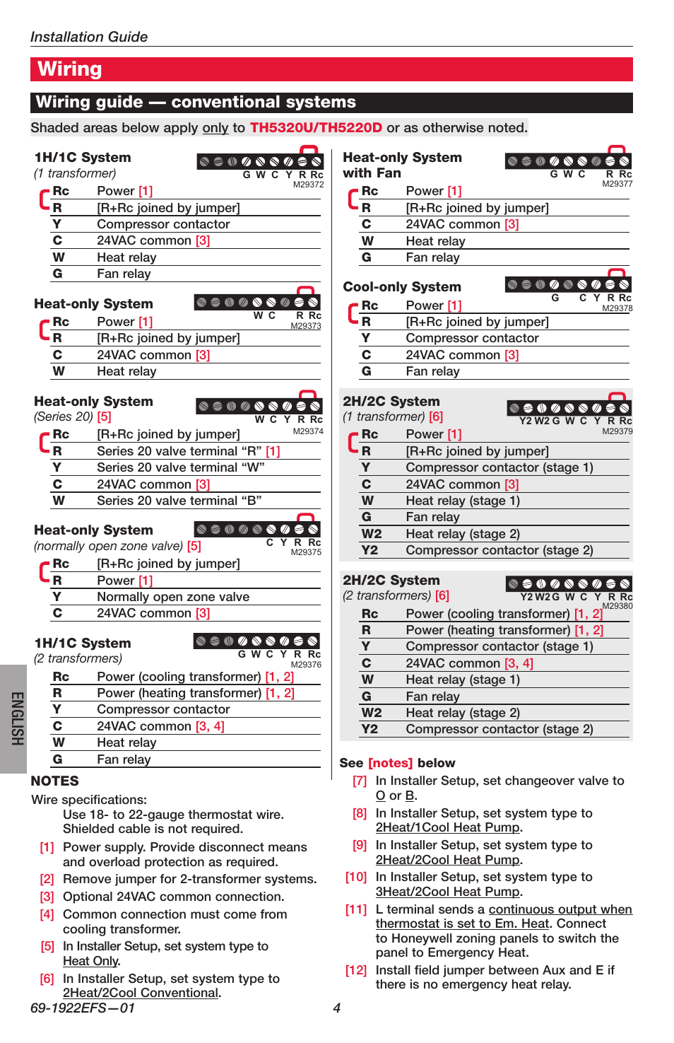 Wiring, Wiring guide — conventional systems, English | Honeywell FocusPRO TH5000 Series User Manual | Page 4 / 24