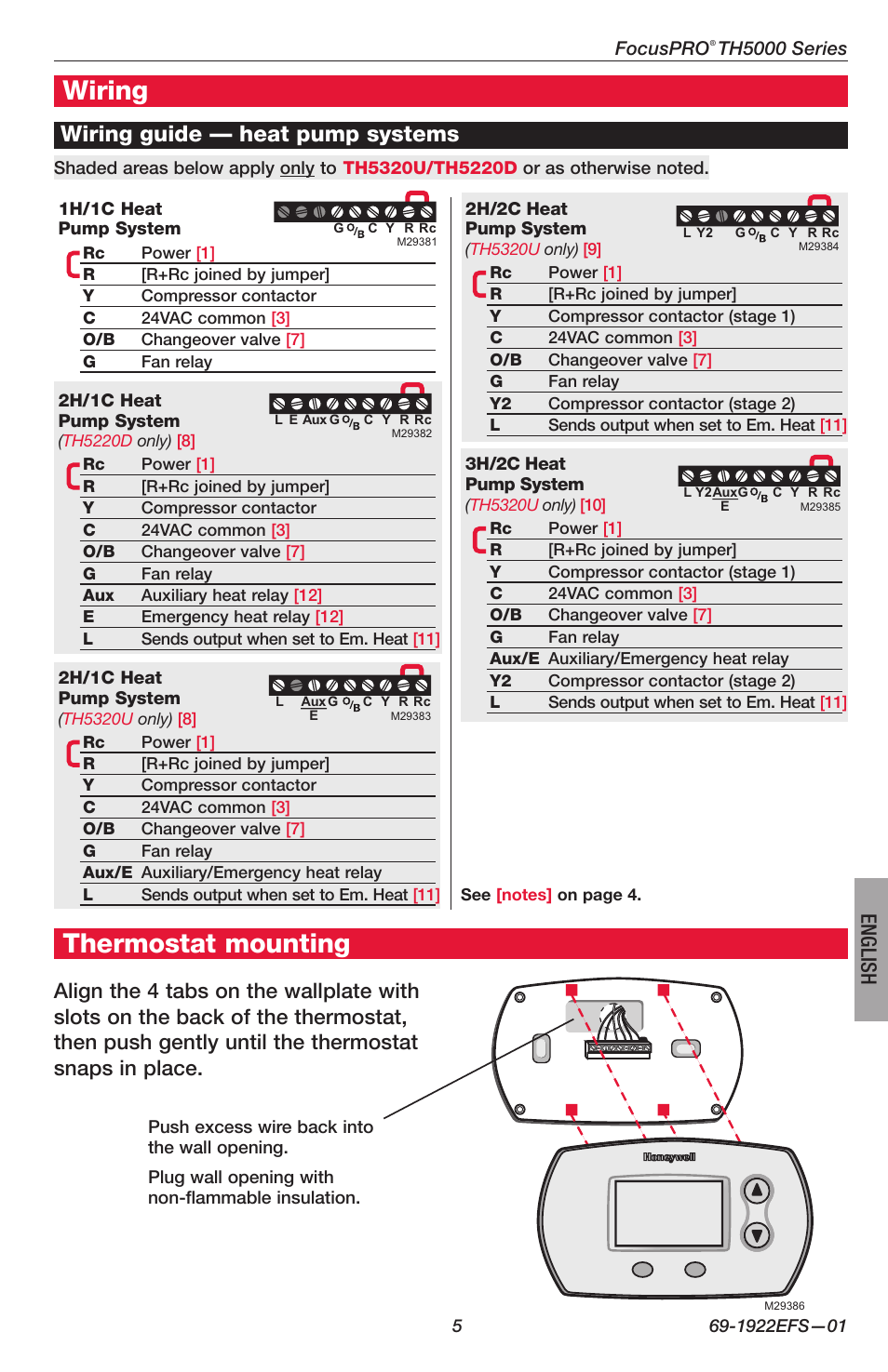 Wiring, Thermostat mounting, Wiring guide — heat pump systems | English | Honeywell FocusPRO TH5000 Series User Manual | Page 5 / 24