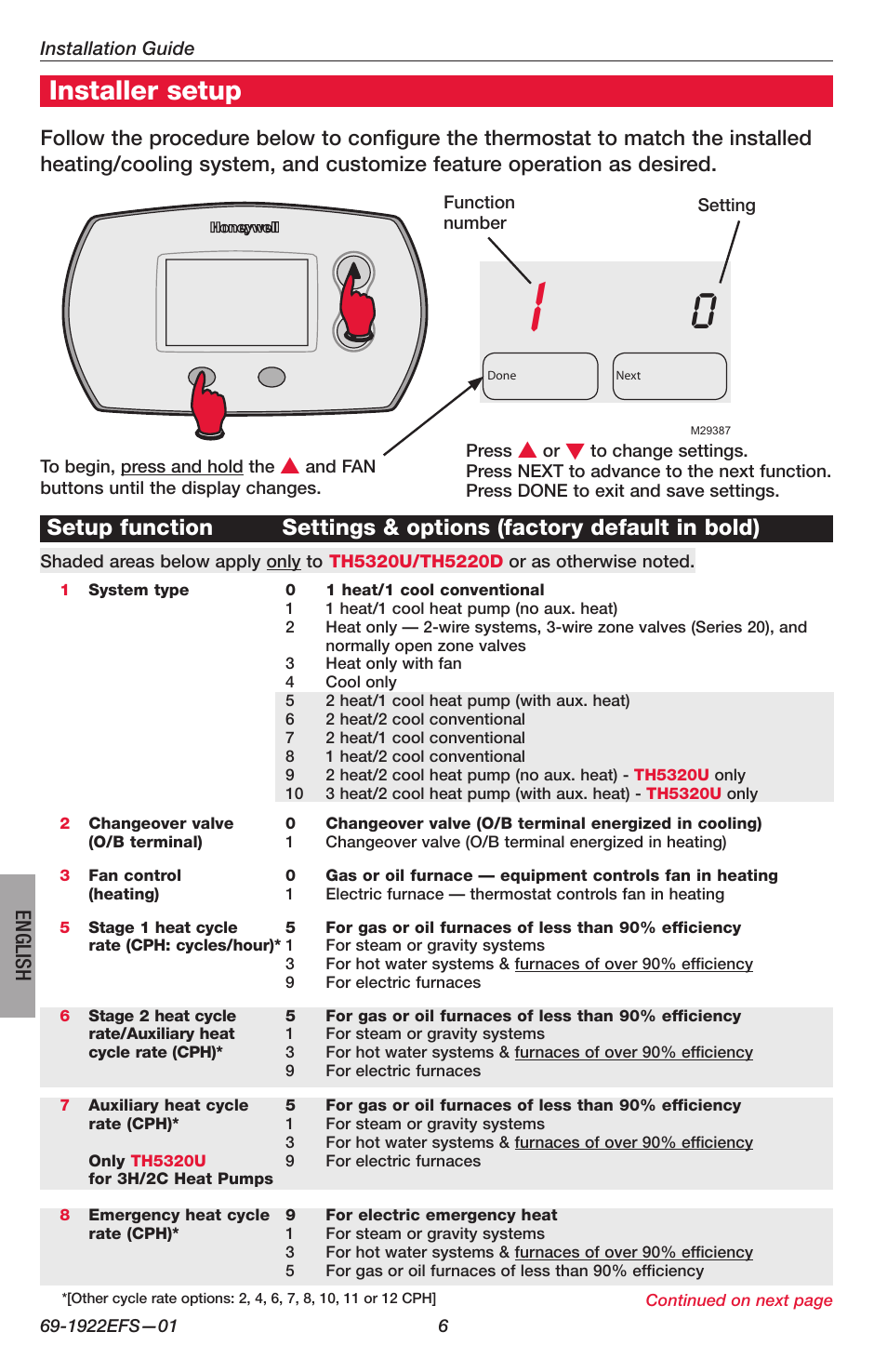 Installer setup, English | Honeywell FocusPRO TH5000 Series User Manual | Page 6 / 24