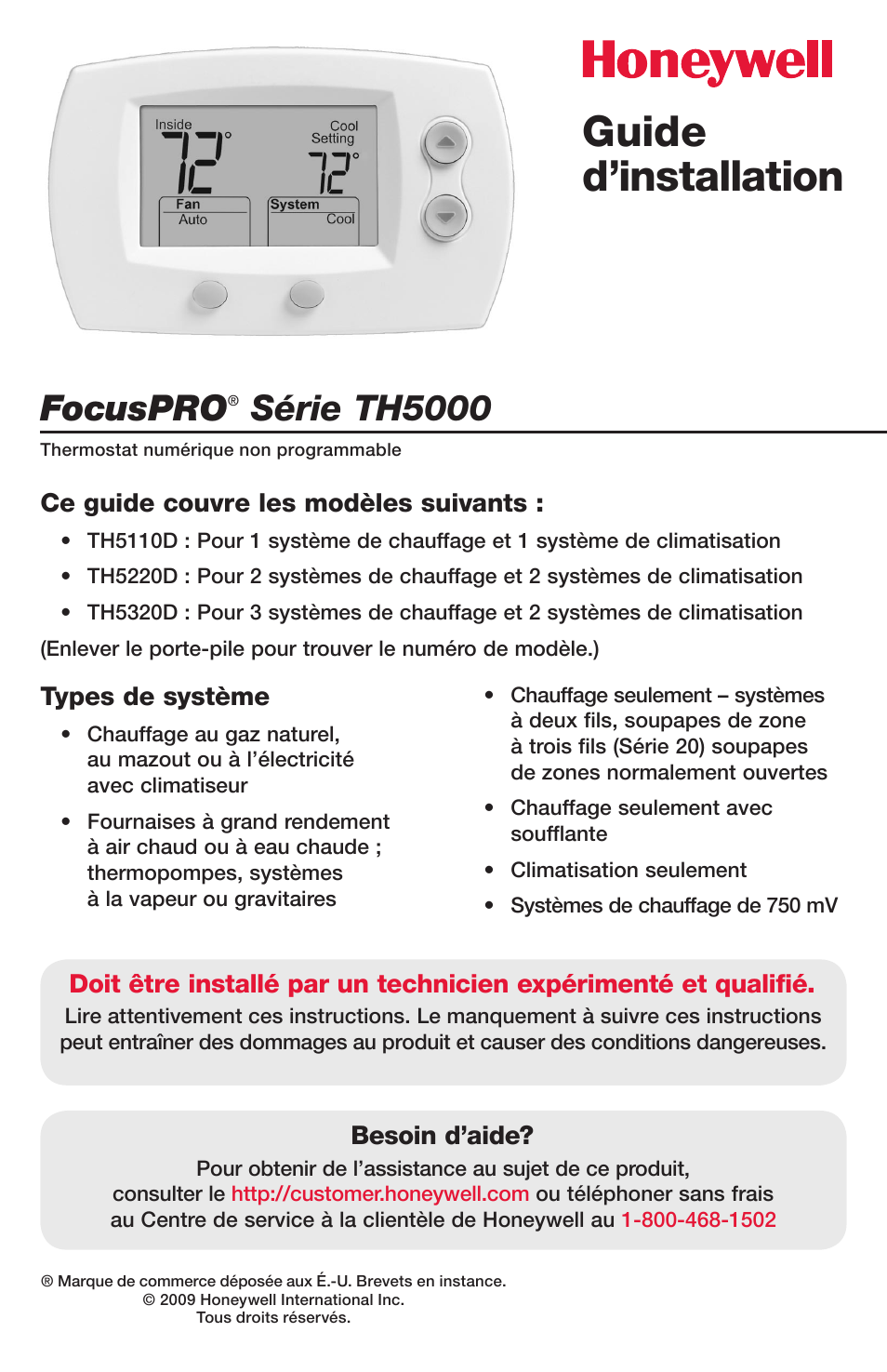 Guide d’installation, Focuspro, Série th5000 | Honeywell FocusPRO TH5000 Series User Manual | Page 9 / 24