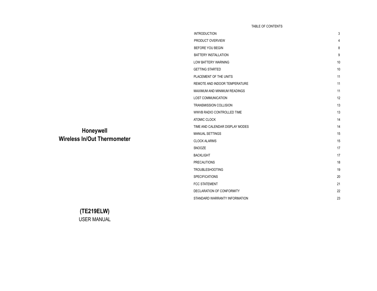 Honeywell TE219ELW User Manual | 12 pages