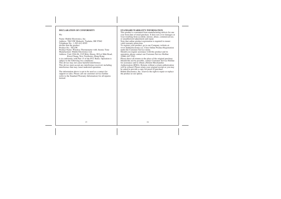Honeywell TE22W User Manual | Page 9 / 9