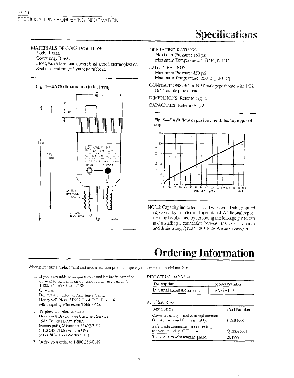 Specifications, Ordering information | Honeywell EA79 User Manual | Page 2 / 6