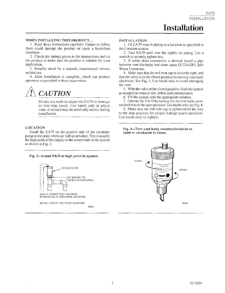 Installation, Caution | Honeywell EA79 User Manual | Page 3 / 6
