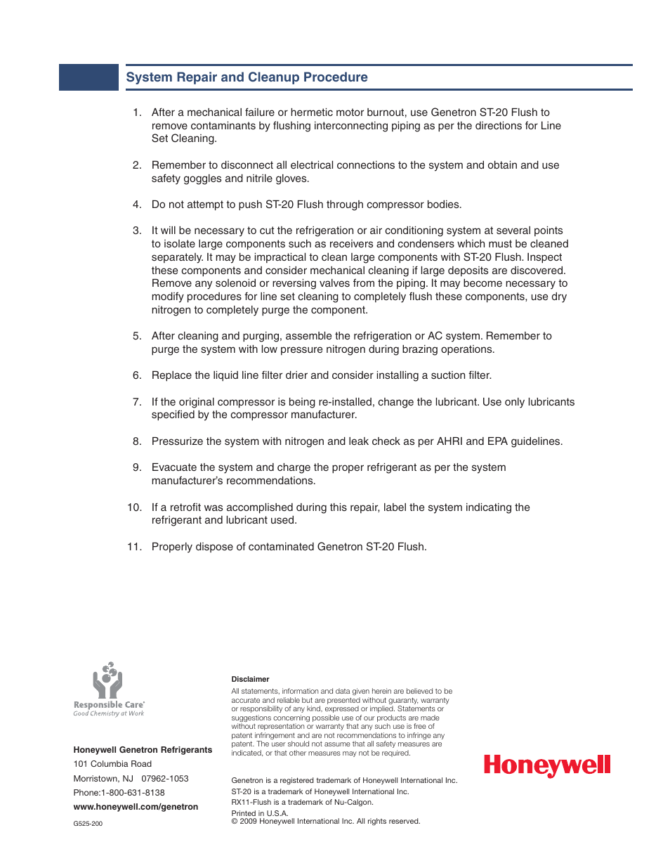 System repair and cleanup procedure | Honeywell Genetron ST-20 User Manual | Page 4 / 4