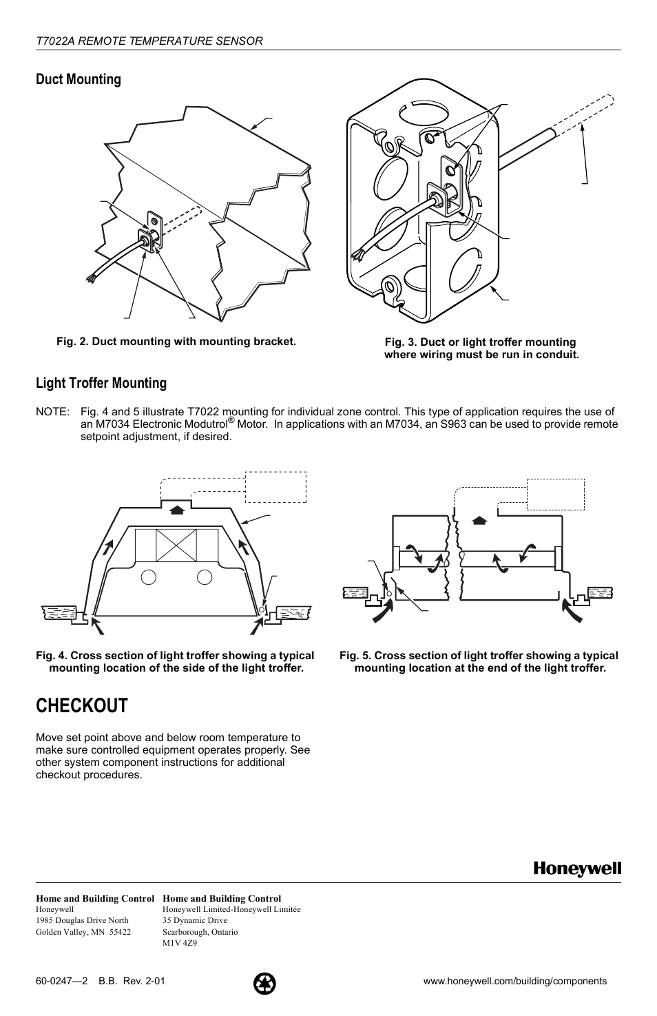 Checkout, Duct mounting, Light troffer mounting | Honeywell T7022A User Manual | Page 2 / 2
