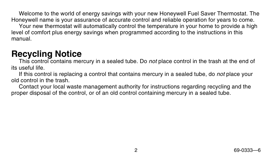 Recycling notice | Honeywell CT1500 User Manual | Page 2 / 28