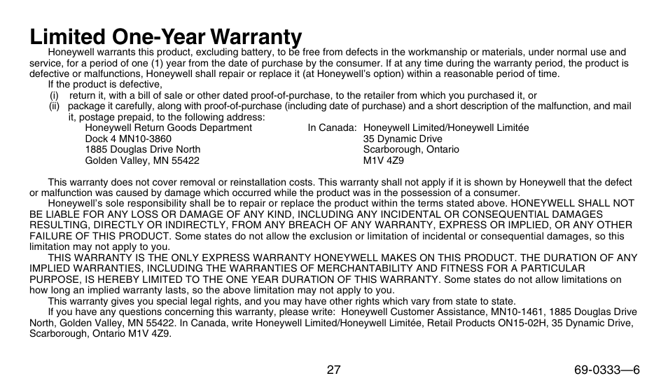 Limited one-year warranty | Honeywell CT1500 User Manual | Page 27 / 28