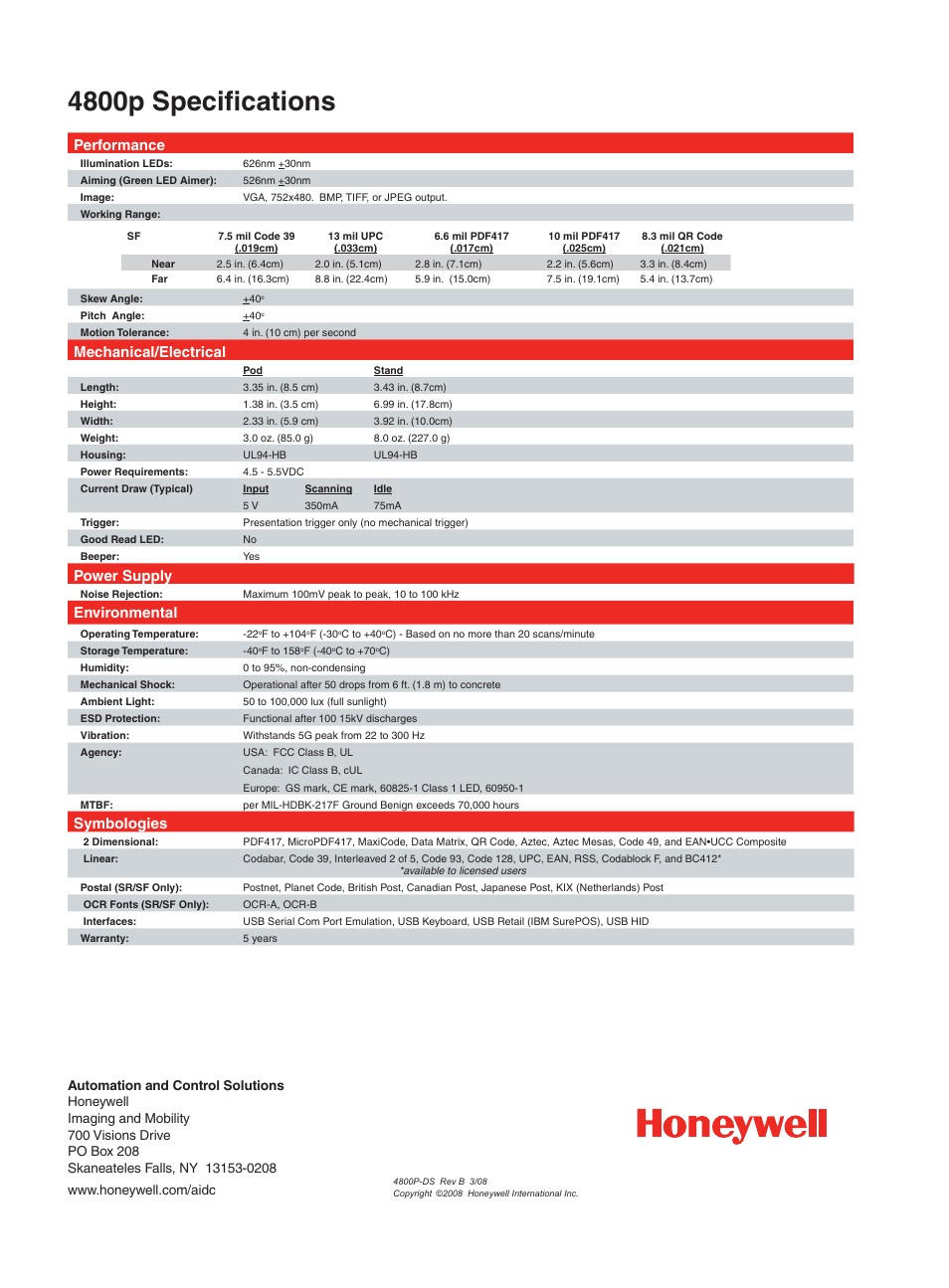 4800p specifi cations, Performance, Mechanical/electrical | Power supply, Environmental, Symbologies | Honeywell 4800p User Manual | Page 2 / 2