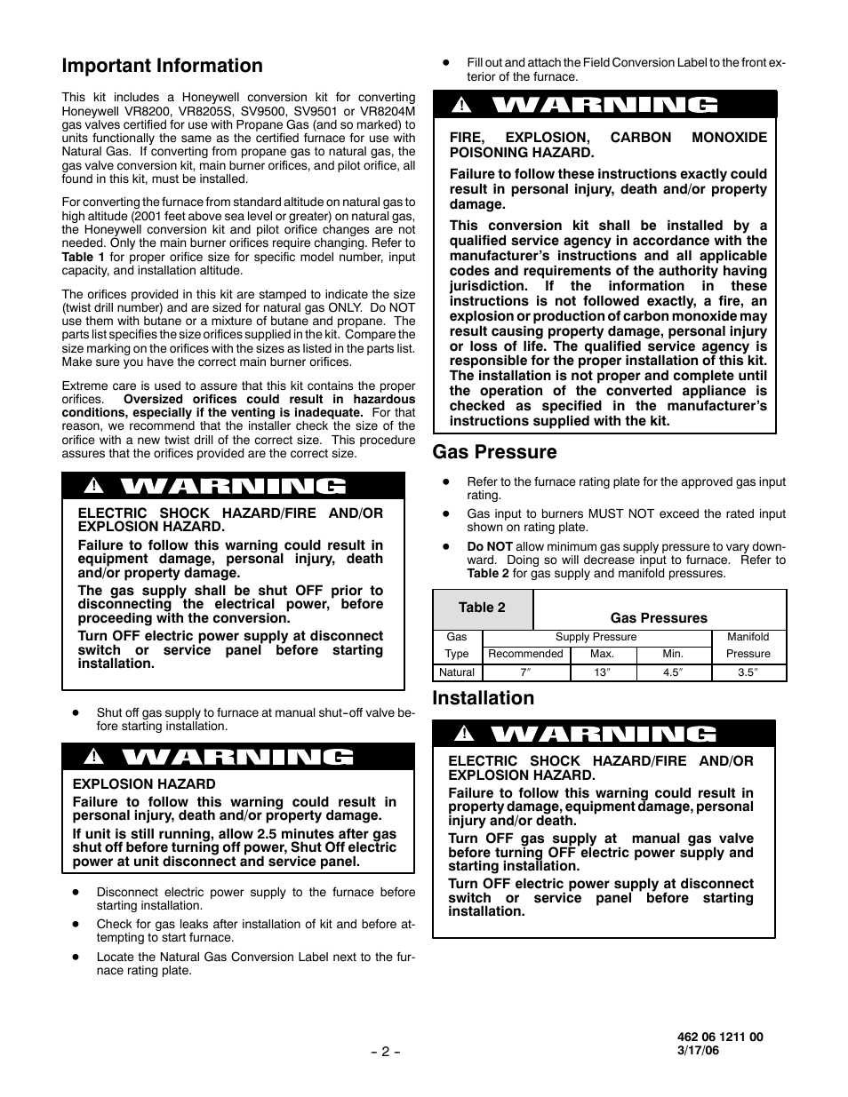 Important information, Gas pressure, Installation | Honeywell PGF3 User Manual | Page 2 / 7