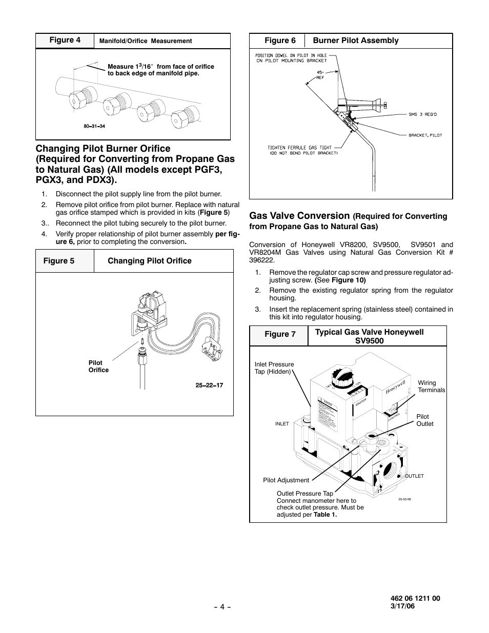 Gas valve conversion, Figure 4, Changing pilot orifice | Figure 5 figure 6 burner pilot assembly, Typical gas valve honeywell sv9500, Figure 7 | Honeywell PGF3 User Manual | Page 4 / 7