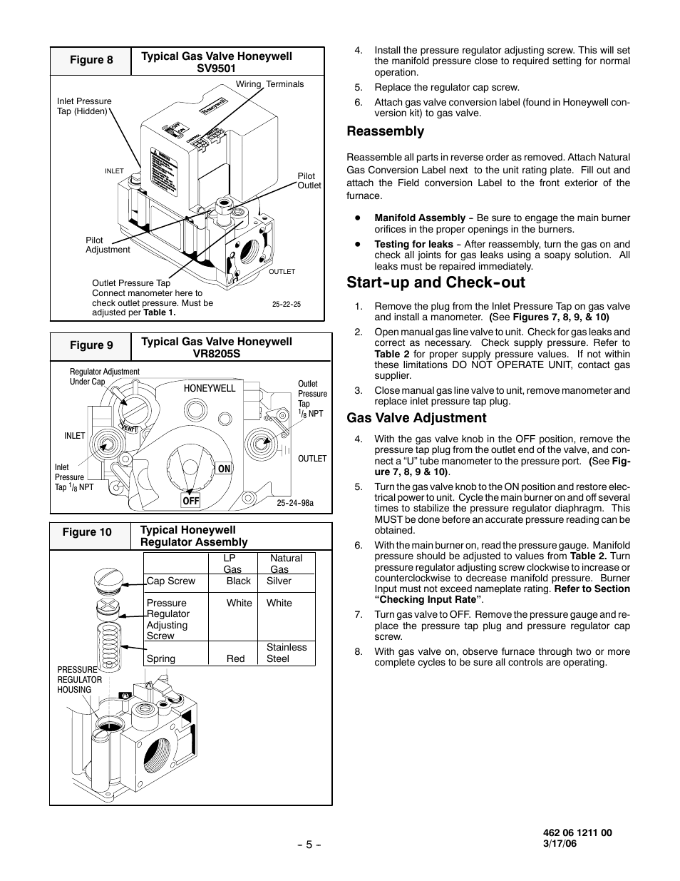 Start--up and check--out, Reassembly, Gas valve adjustment | Honeywell PGF3 User Manual | Page 5 / 7