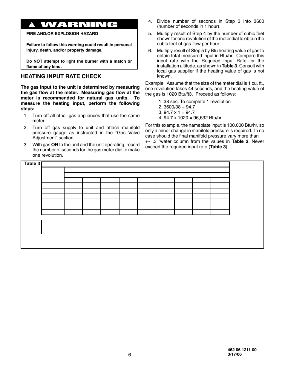 Heating input rate check | Honeywell PGF3 User Manual | Page 6 / 7