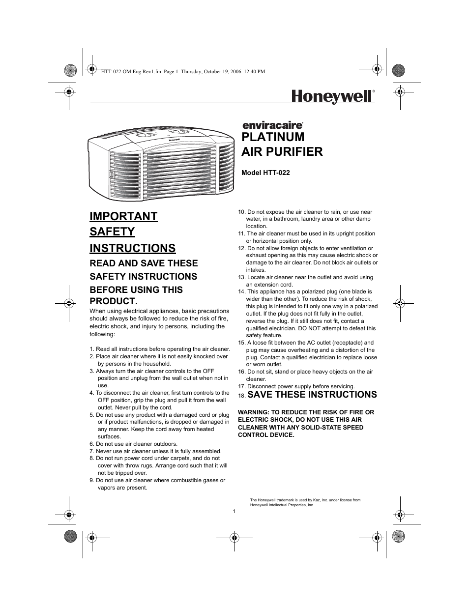 Honeywell ENVIRACAIRE HTT-022 User Manual | 12 pages