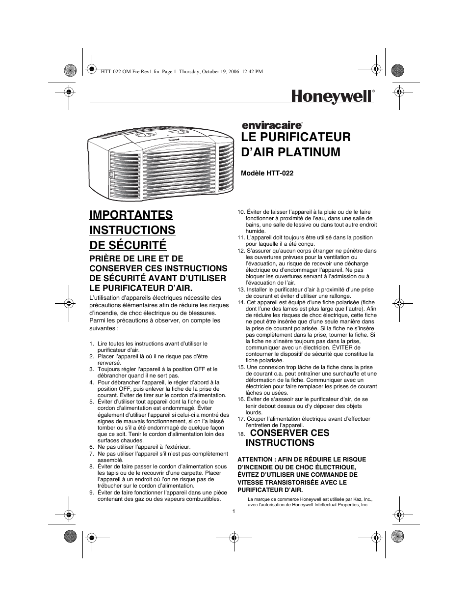 Le purificateur d’air platinum, Importantes instructions de sécurité, Conserver ces instructions | Honeywell ENVIRACAIRE HTT-022 User Manual | Page 5 / 12